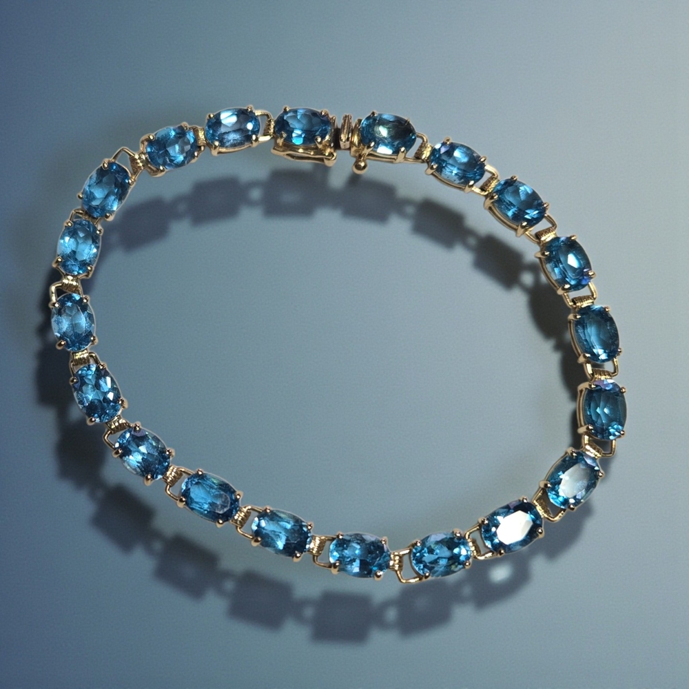 Vintage 14K Gold Blue Topaz Tennis Bracelet ADPC Signed 9.79g Solid Gold Estate
